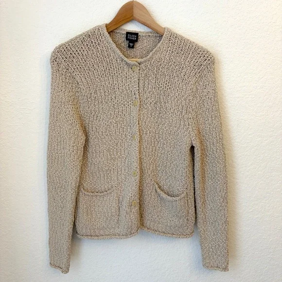 Eileen Fisher Boucle Silk Cotton Cardigan S Beige Knit Button Front Boho Beachy - Picture 2 of 10